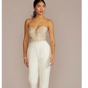 Strapless Beaded Floral Applique Bodice Jumpsuit - DB Studios